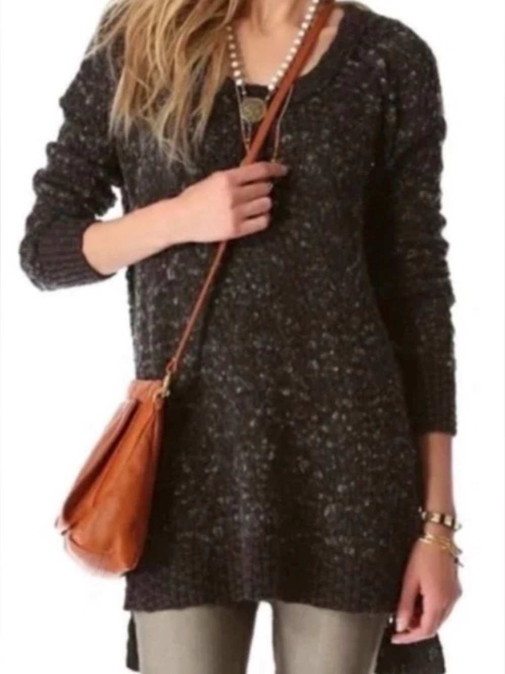 Free People Honeycomb Jeepster Wool Blend Sweater SZ M Exposed Seam Hi Low Hem